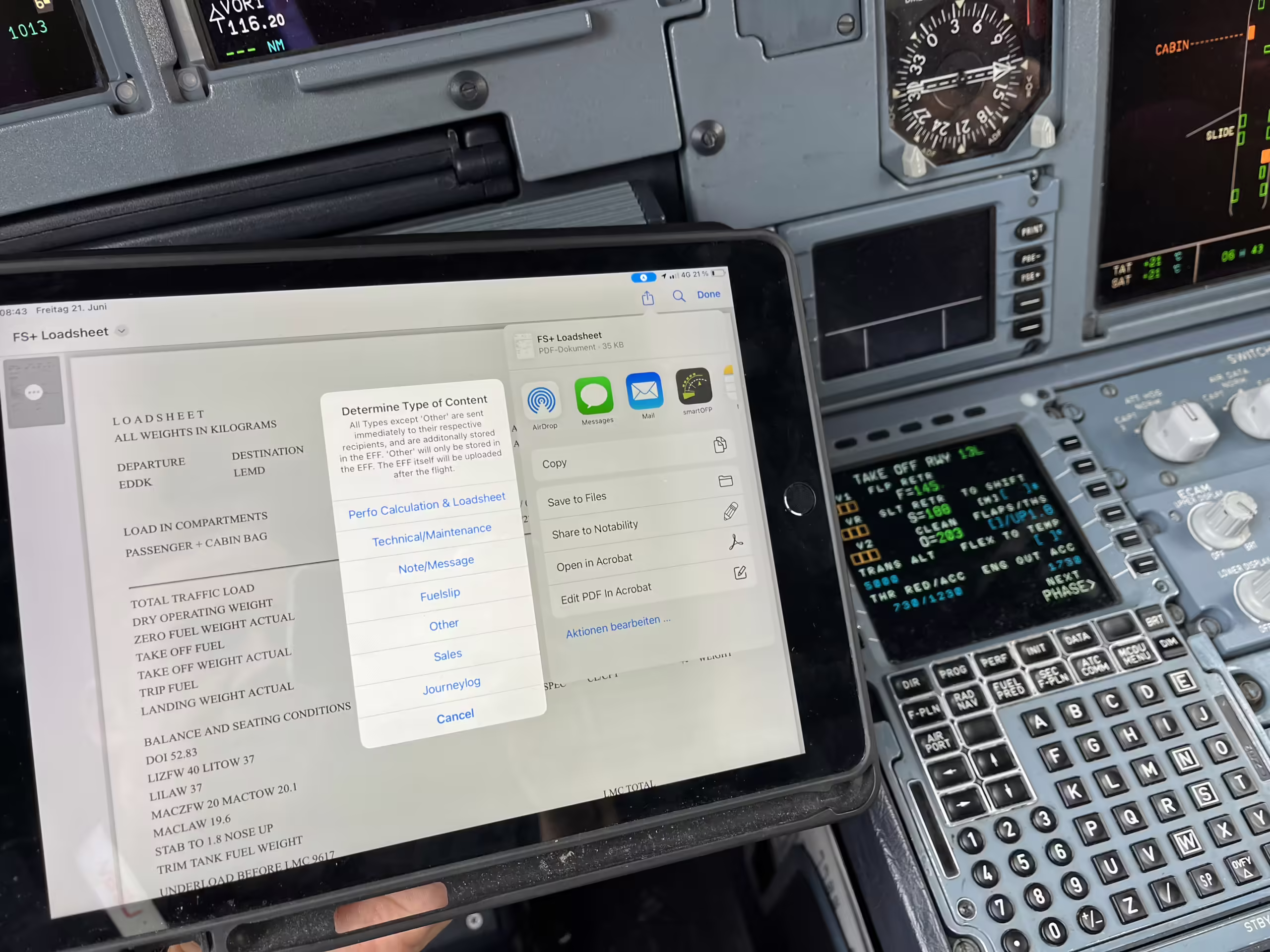 smartEFB app on an iPad in the Airbus cockpit, showing load sheet options and performance integration with the Flight Management Computer (FMC).