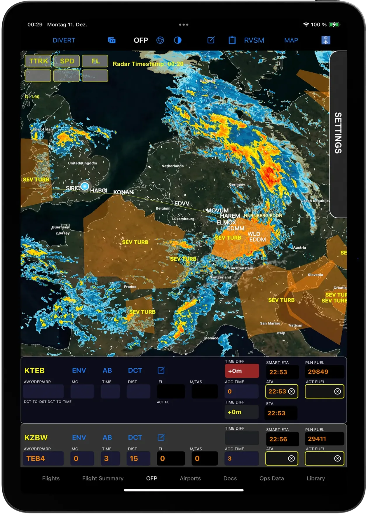 smartEFB app screen showing the EFF, active navigation log, and a weather overlay on the flight track for real-time in-flight navigation.