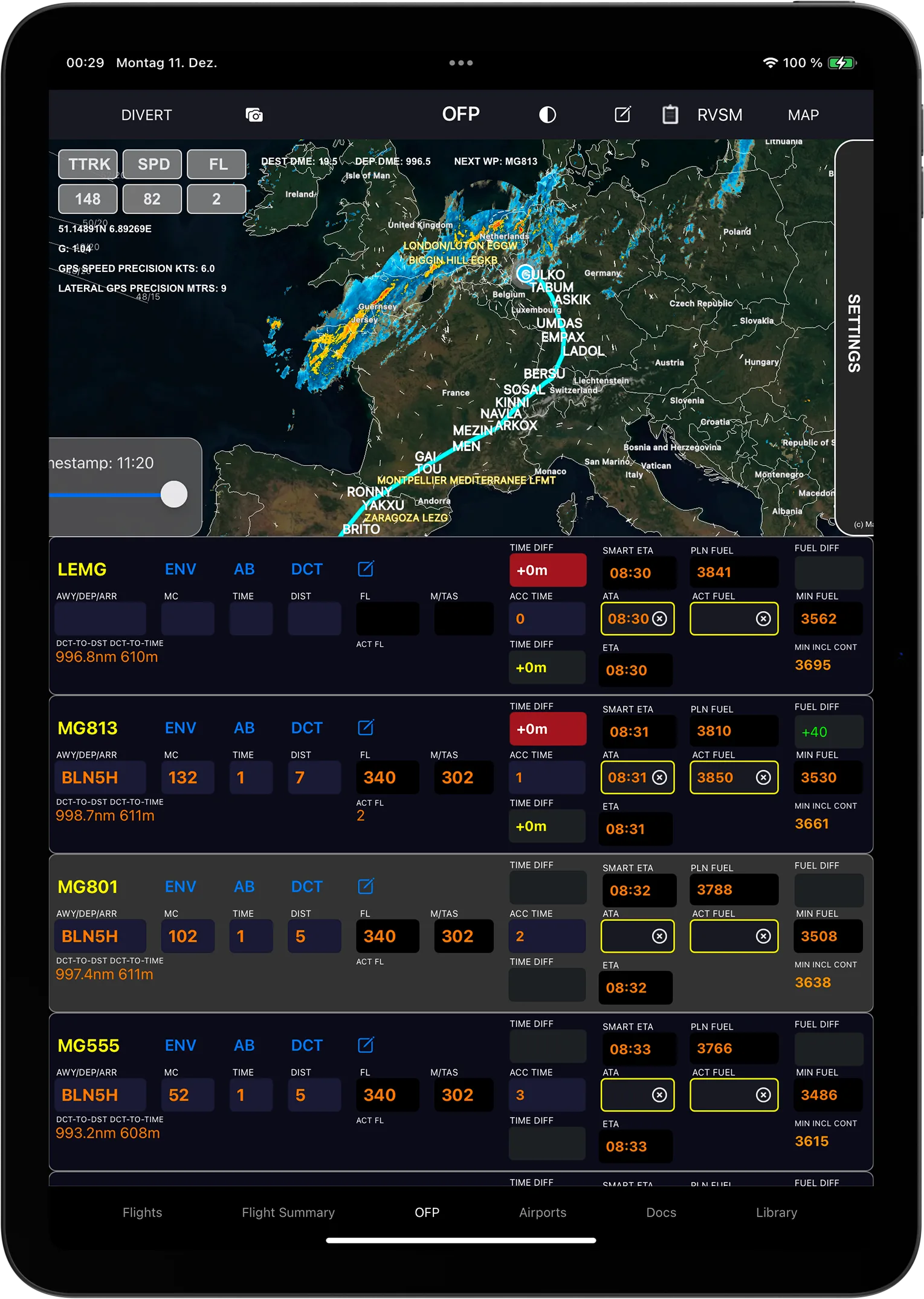 smartEFB app screen showing the EFF, active navigation log, and a weather overlay on the flight track for real-time in-flight navigation.